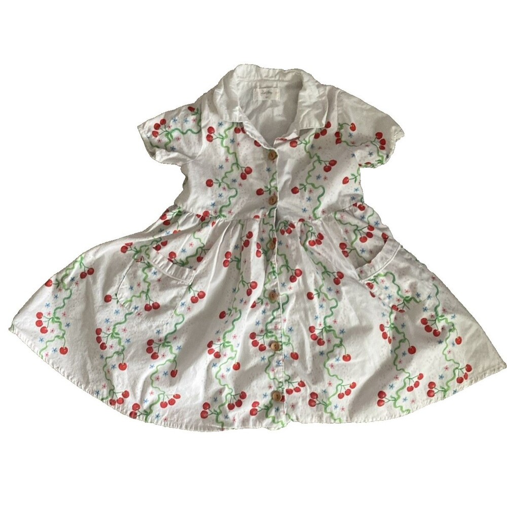 Sweet Honey White Cherry Print Dress Girl Sz 8 Smocked Button Up Pockets Cottage